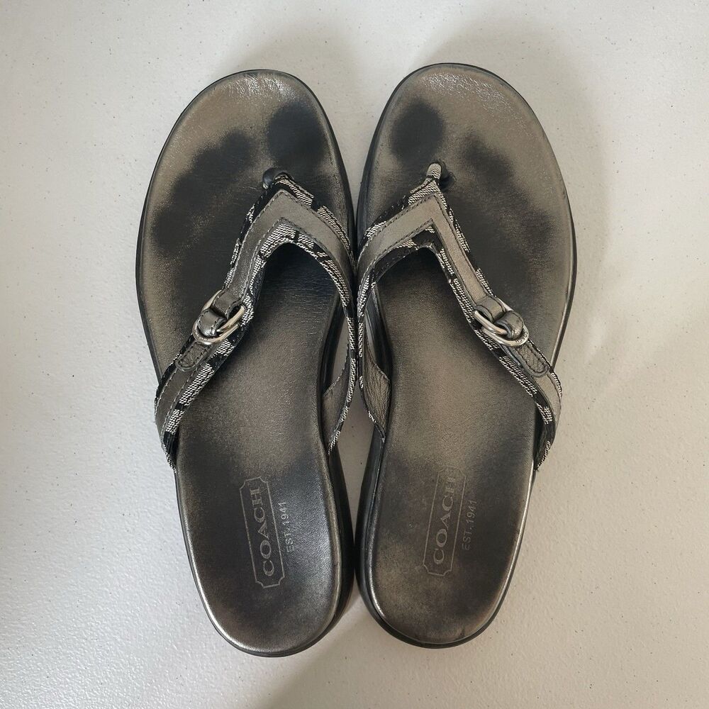 COACH Lindsey Leather Flip Flop Sandals Shoes Silver Gray Black Women's Size 8.5 - Picture 5 of 12